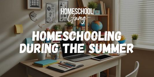 Organized homeschooling corner with a laptop, tablet, educational books, and stationery.