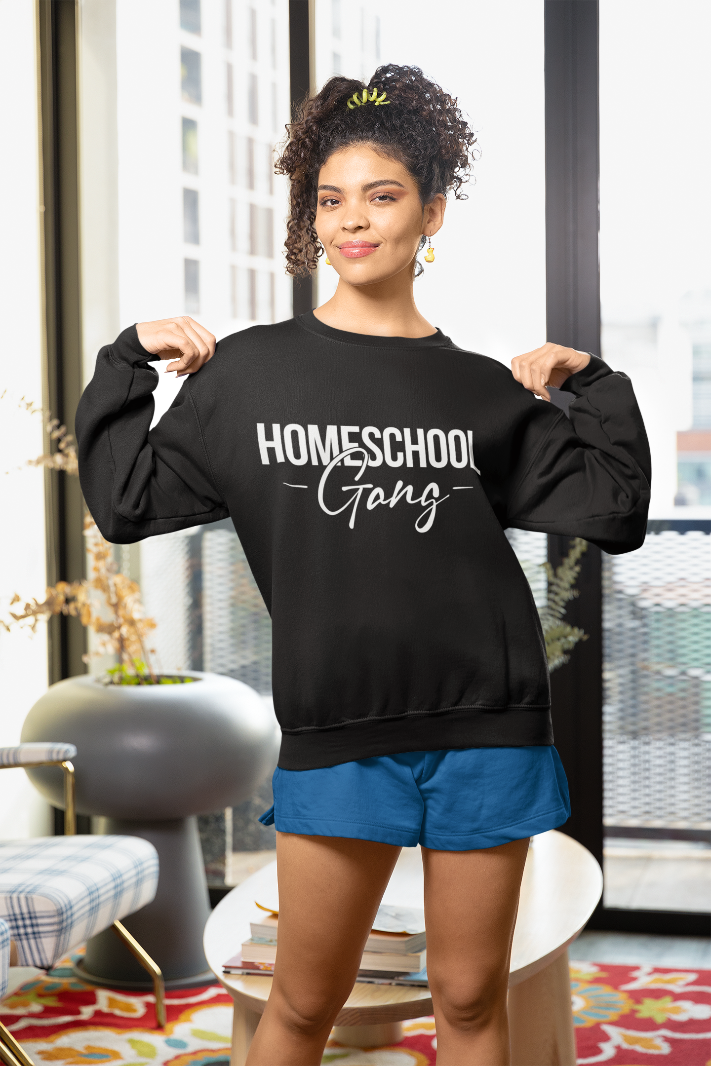 Model wearing the Homeschool Gang Sweatshirt, showcasing the loose fit and distinct branding.