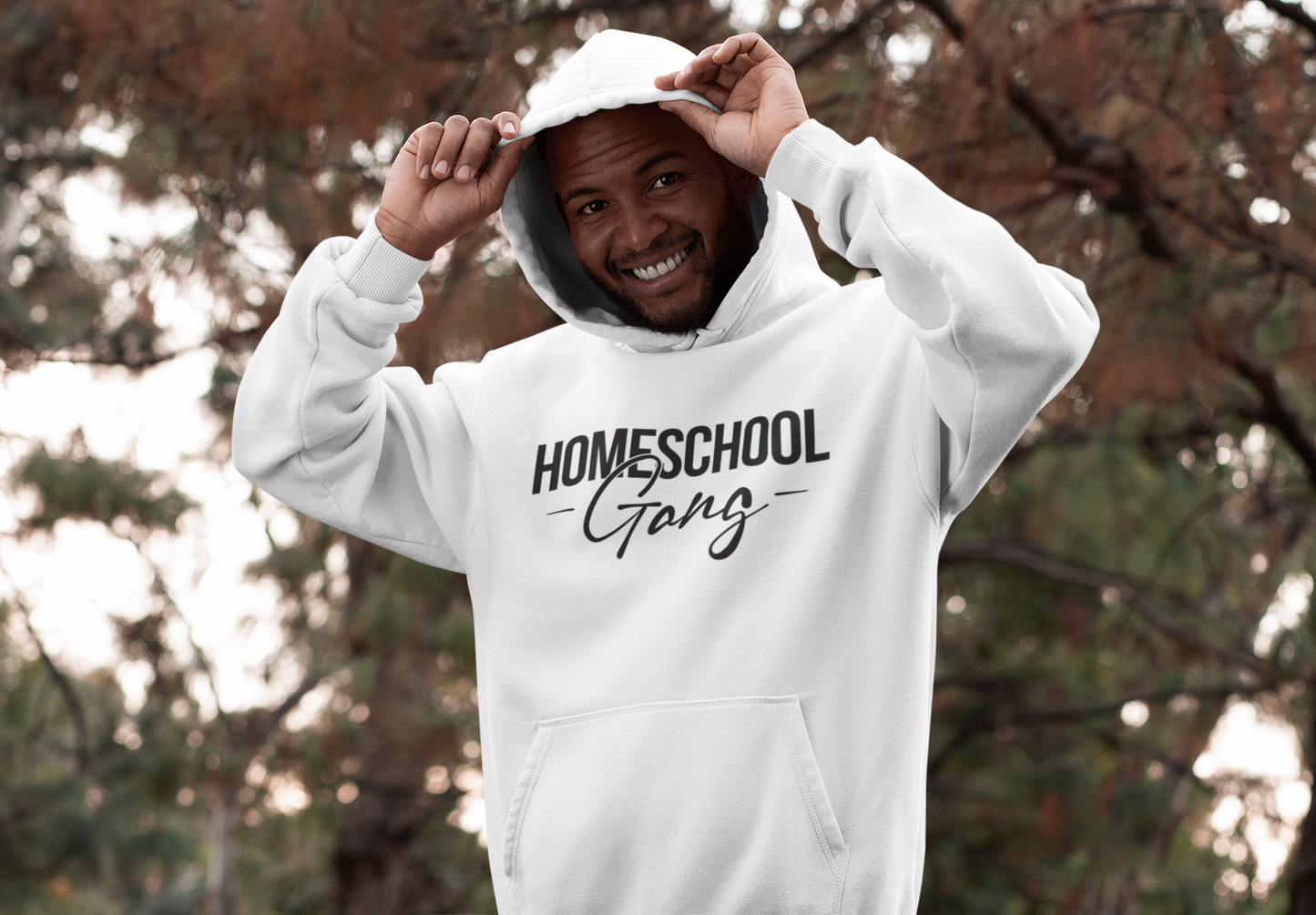 Person wearing the Homeschool Gang Hoodie with logo visible, symbolizing homeschool pride and community spirit.